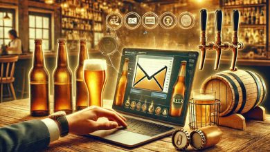 A laptop displaying an email interface, surrounded by beer bottles and glasses, representing marketing through email for cross-selling and upselling