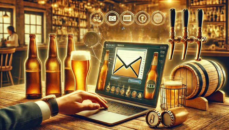 A laptop displaying an email interface, surrounded by beer bottles and glasses, representing marketing through email for cross-selling and upselling