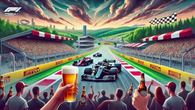 Formula 1 racetrack with race cars and a cheering crowd with beers in virtual environment