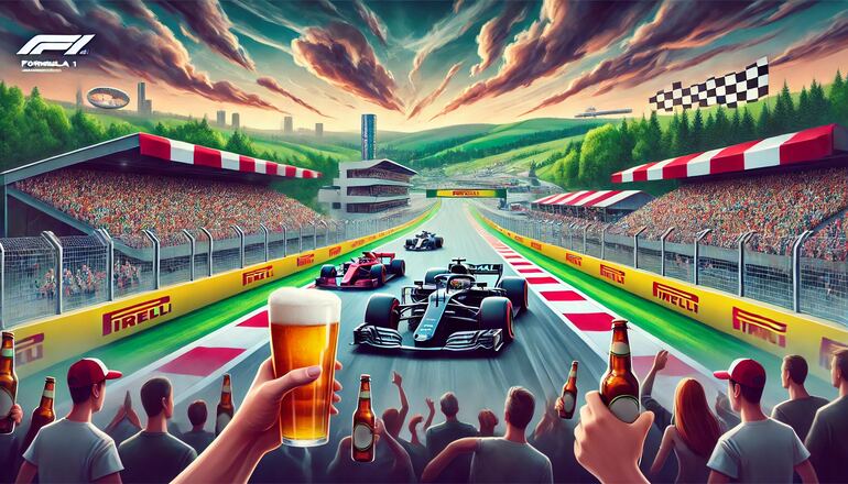 Formula 1 racetrack with race cars and a cheering crowd with beers in virtual environment