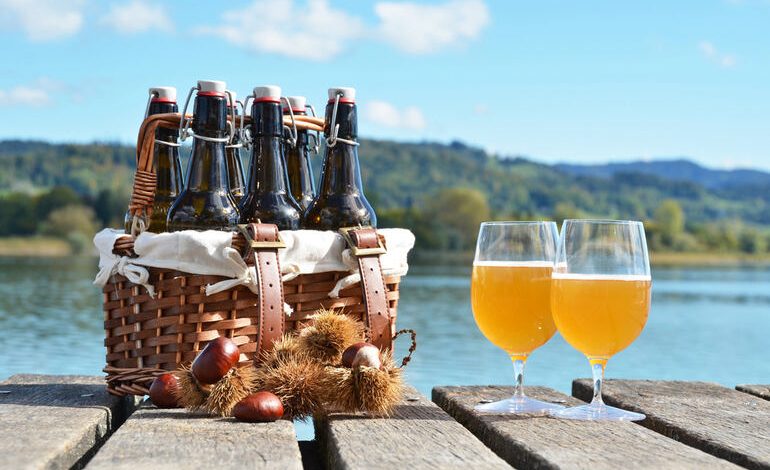 A scenic view featuring a basket of craft beer bottles and two glasses of beer by a serene lake in Norway