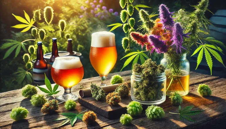 A scene combining THCA and craft beer in a serene outdoor setting