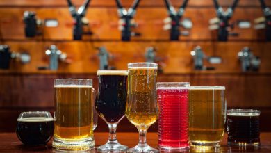 Assorted craft beers in different glasses at a financially strong brewery taproom