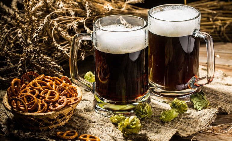 Mugs of dark beer with fresh hops, malt, and barley, illustrating homebrewing