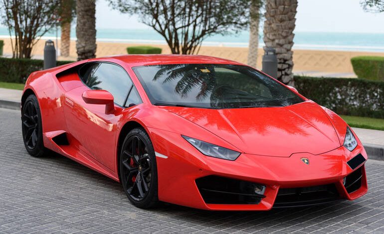 Super luxury Red Lamborghini parked in Dubai