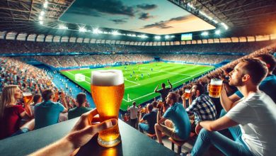 Fans enjoying craft beer while watching an exciting European soccer match in a lively stadium atmosphere