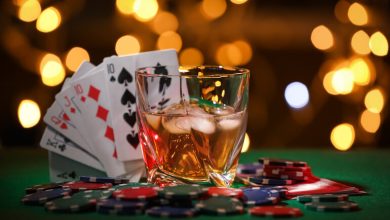 A stylish San Diego casino night scene with poker chips and a glass of craft beer