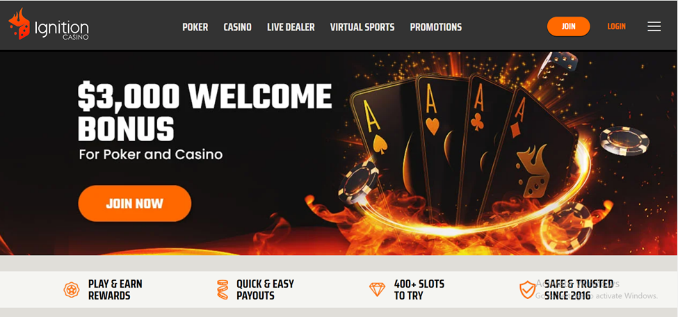 Interface of Ignition real money casino