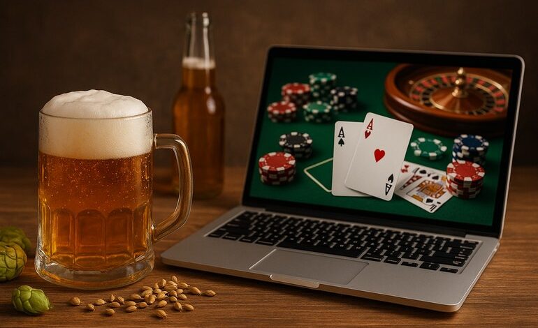 A player is enjoying a glass of beer while playing an online casino game