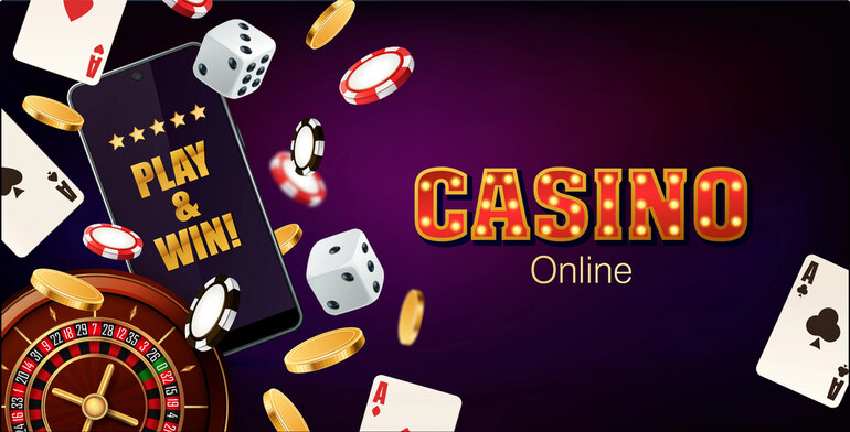 Online Casino game icons with cards, slots, chips, and cash for big win replays