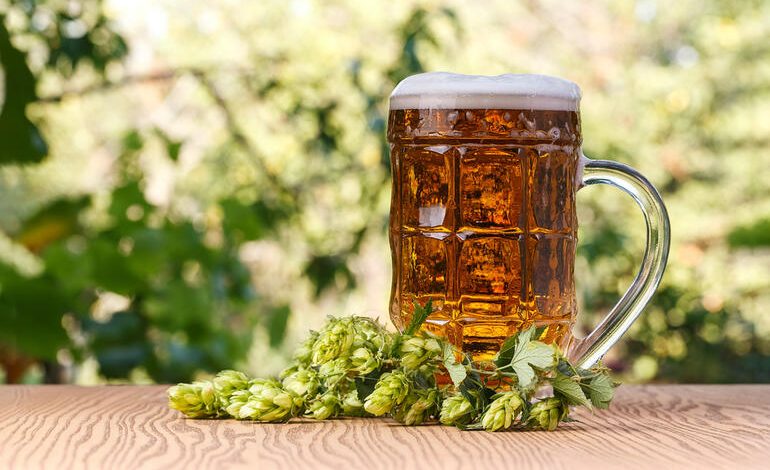 A frosty mug of beer in a brewery work environment