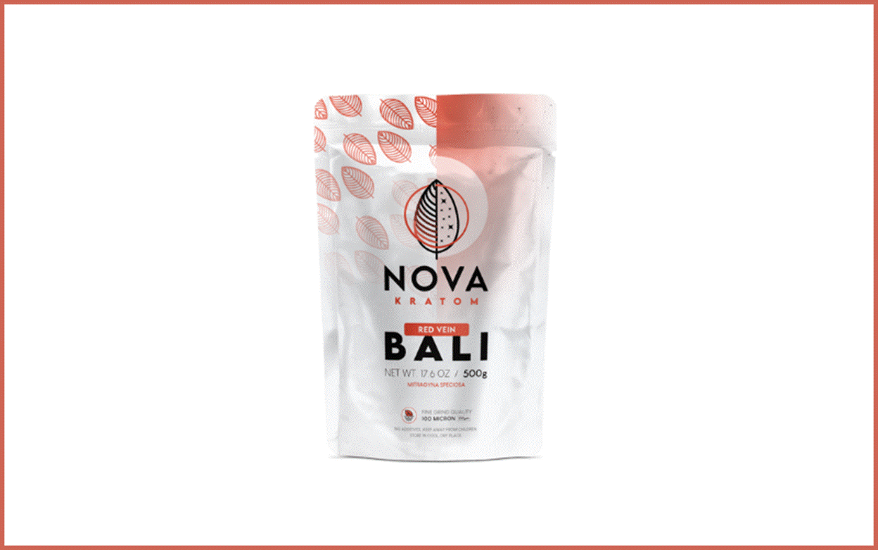 Nova Red Bali kratom in a pouch strain for natural pain relief and wellness.