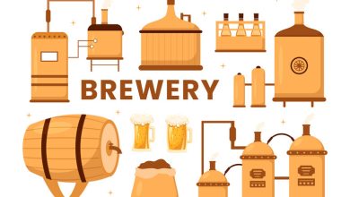 Brewery equipment and beer glasses in educational brewing workshops