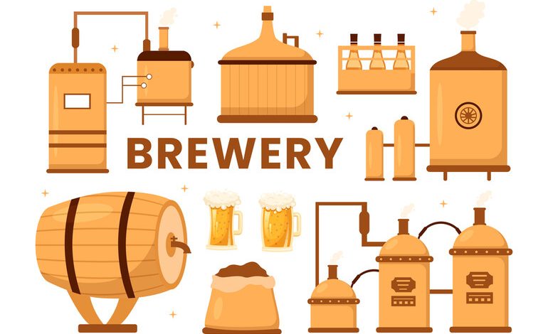 Brewery equipment and beer glasses in educational brewing workshops