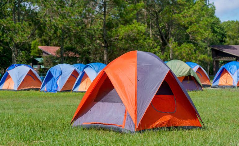 Colorful tents set up in a grassy campground for summer camping