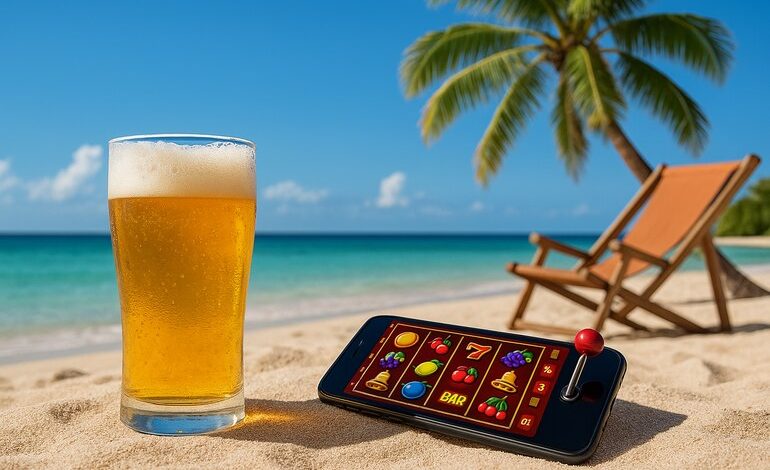 A glass of beer and a smartphone with an online pokies game on a tropical beach