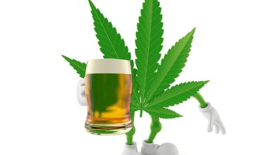 Cannabis leaf character holding a beer glass symbolizing beer and cannabis delivery culture shift