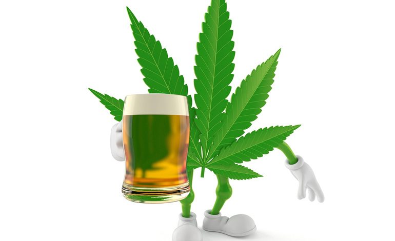 Cannabis leaf character holding a beer glass symbolizing beer and cannabis delivery culture shift