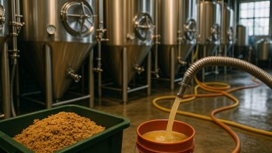Liquid food waste flowing into a bucket beside spent grain inside a San Diego brewery