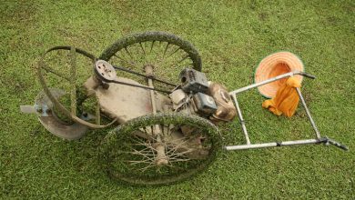 Old or damaged lawn mower belt flipped over on grass