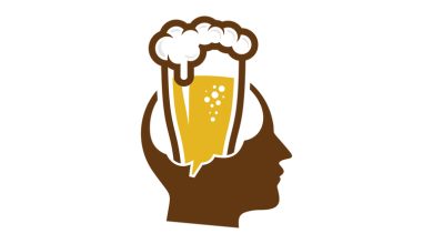 A human head silhouette with a beer glass forming the brain area, symbolizing the blend of beer culture and mental stimulation
