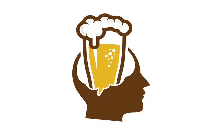 A human head silhouette with a beer glass forming the brain area, symbolizing the blend of beer culture and mental stimulation