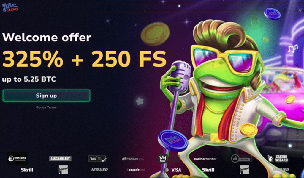 7bit Casino display with animated cartoons and welcome offers