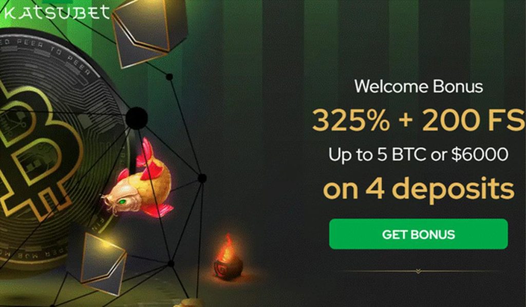 Katsubet casino homepage with a bitcoin sign and welcome bonuses