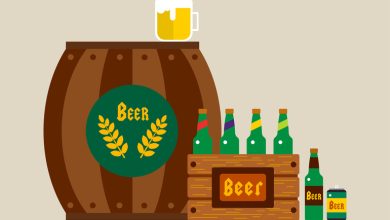 Various beer containers, including a barrel, bottles, a crate, a can, and a beer mug