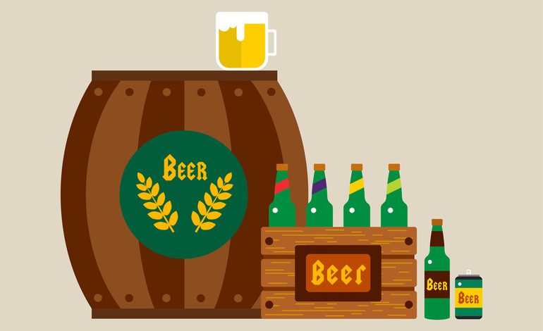 Various beer containers, including a barrel, bottles, a crate, a can, and a beer mug