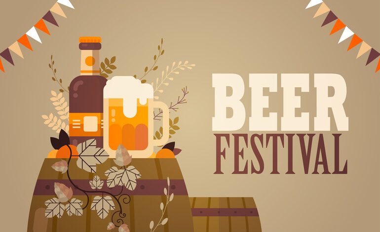 A beer bottle and frothy mug on wooden barrels with festive bunting