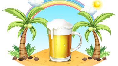 Frothy beer mug on a tropical island with palm trees, a rainbow, blue sky, and sun in the background, a relaxing beach vibe.