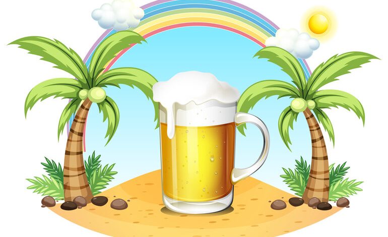 Frothy beer mug on a tropical island with palm trees, a rainbow, blue sky, and sun in the background, a relaxing beach vibe.