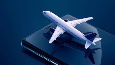 Airplane model emerging from smartphone screen