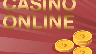 Golden text 'Casino Online' with gold coins on a red background