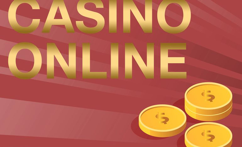 Golden text 'Casino Online' with gold coins on a red background
