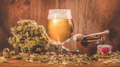 A glass of beer surrounded by cannabis, honey, and rustic elements