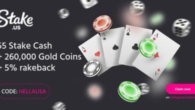 Stake.us promo offer showing four aces, poker chips, and dice with code HELLAUSA