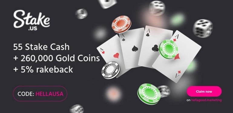 Stake.us promo offer showing four aces, poker chips, and dice with code HELLAUSA