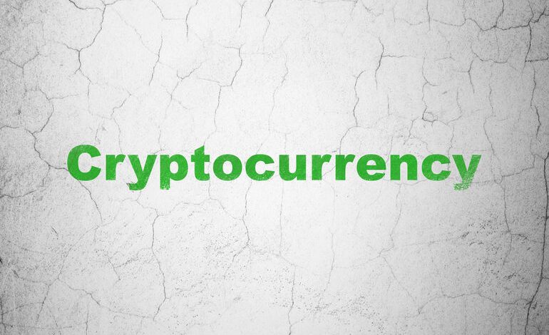 Green text spelling “Cryptocurrency” on a cracked white background