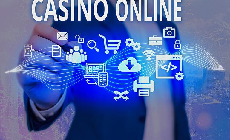 Businessperson pointing at virtual icons with the text ‘Casino Online’ on a digital interface.