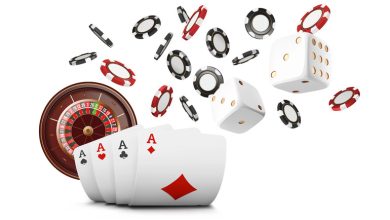 Casino elements, including roulette, poker chips, dice, and playing cards