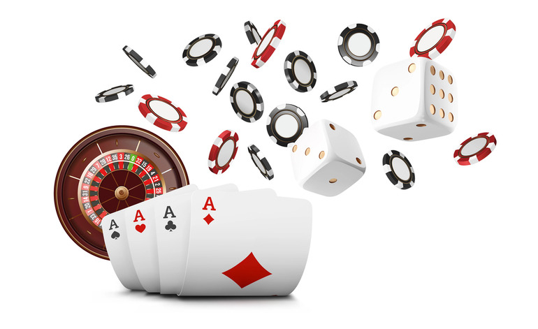 Casino elements, including roulette, poker chips, dice, and playing cards
