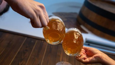Friends clinking beer mugs together at a rustic bar, symbolizing the relaxed beachside brewery culture in San Diego.
