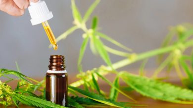 A dropper dispensing golden cannabis oil into a small amber bottle
