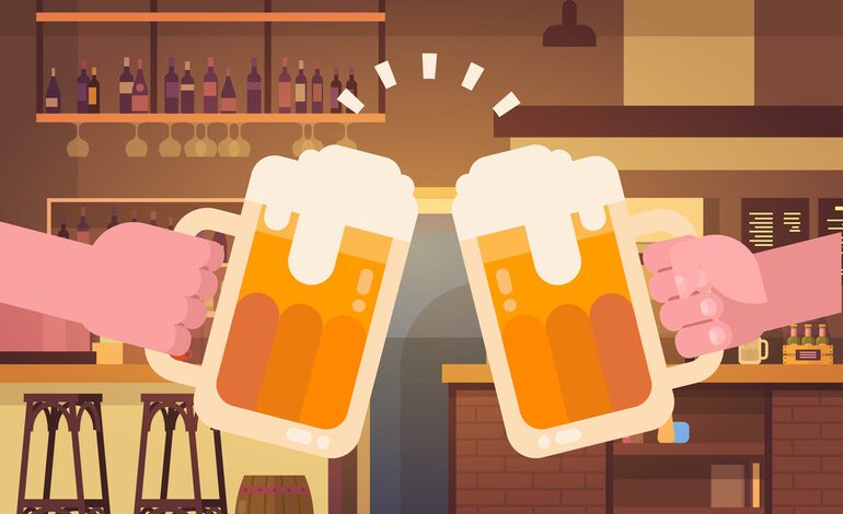 Two people clinking frothy beer mugs at a cozy craft beer bar during a singles event,