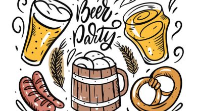 Colorful beer party illustration with beer glasses, pretzel, sausages, and a wooden beer mug, perfect for hosting the ultimate beer party theme.