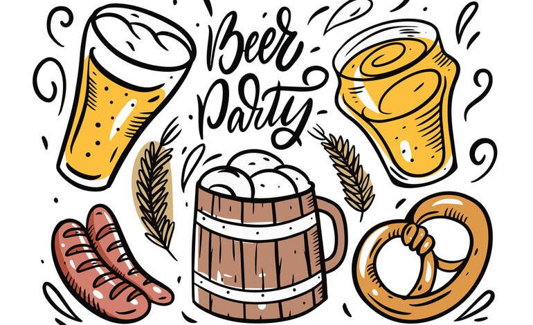 Colorful beer party illustration with beer glasses, pretzel, sausages, and a wooden beer mug, perfect for hosting the ultimate beer party theme.