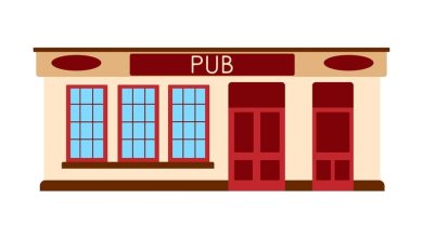 traditional pub exterior with large windows and red doors, representing community gatherings and beer culture.
