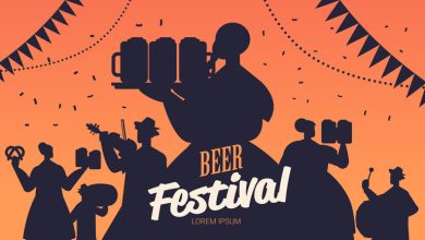 A vibrant beer festival with people in silhouette holding beer mugs, artists playing musical instruments, and festive decorations in the background.